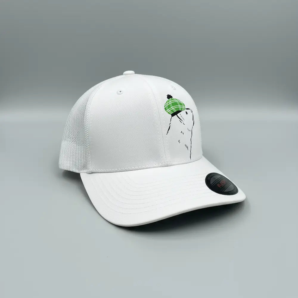 White cap with Green Ferret Golf Alternate Logo a gray background