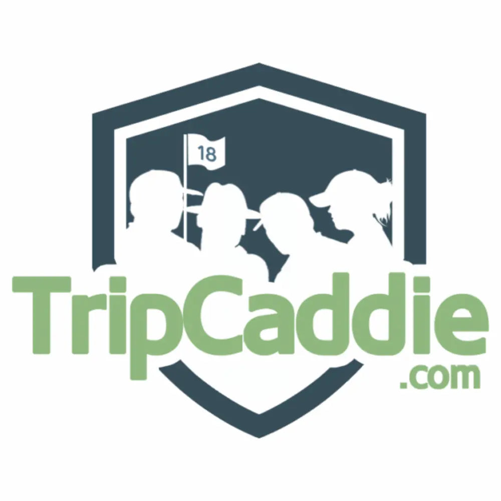 Logo of TripCaddie with silhouettes of people and a flag, on a white background.