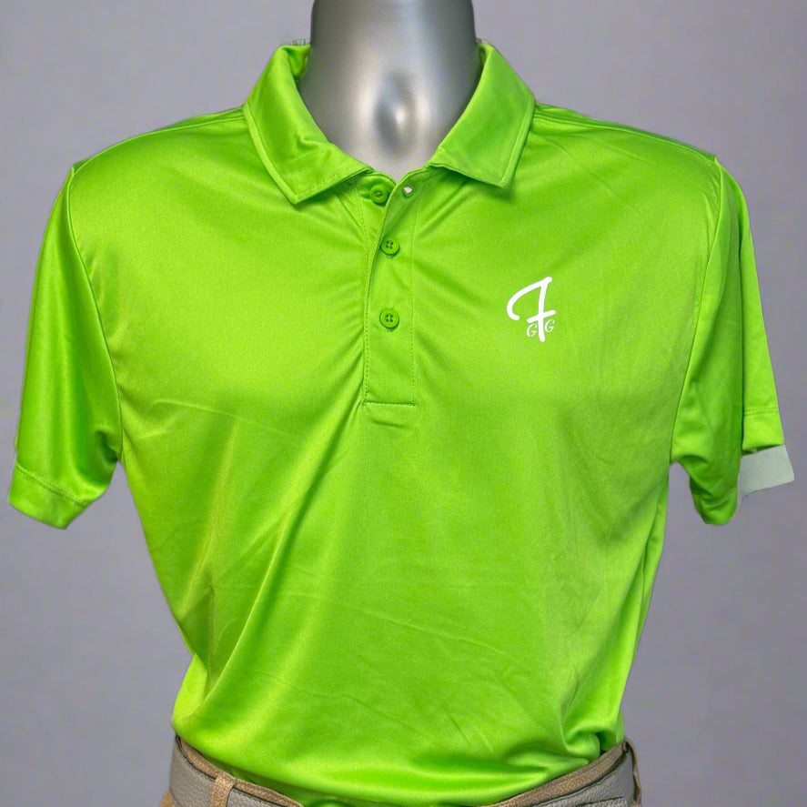 Green polo shirt with a logo on a mannequin against a black background
