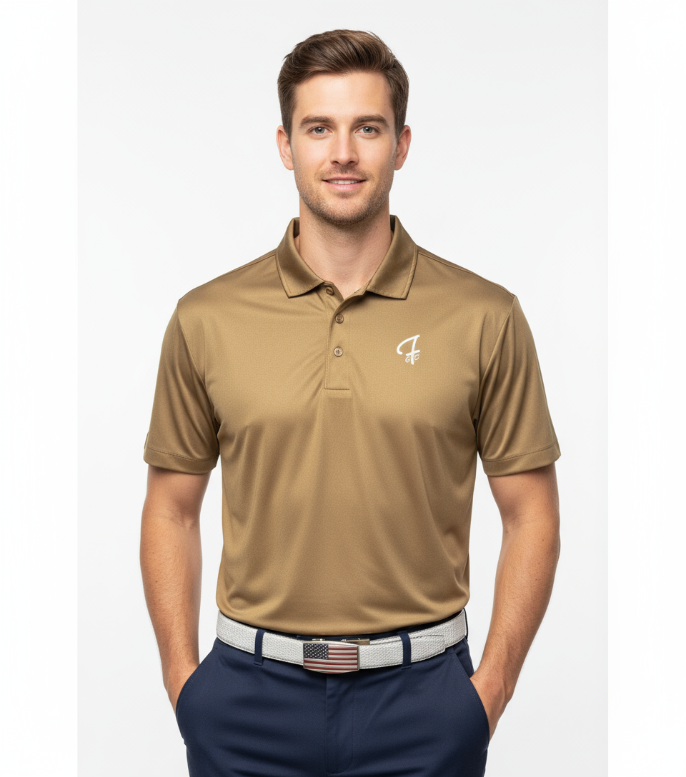 Man wearing a brown polo shirt with a logo on a white background