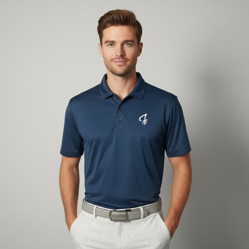 Man wearing a ocean blue polo shirt with a Green Ferret Golf logo on a gray background