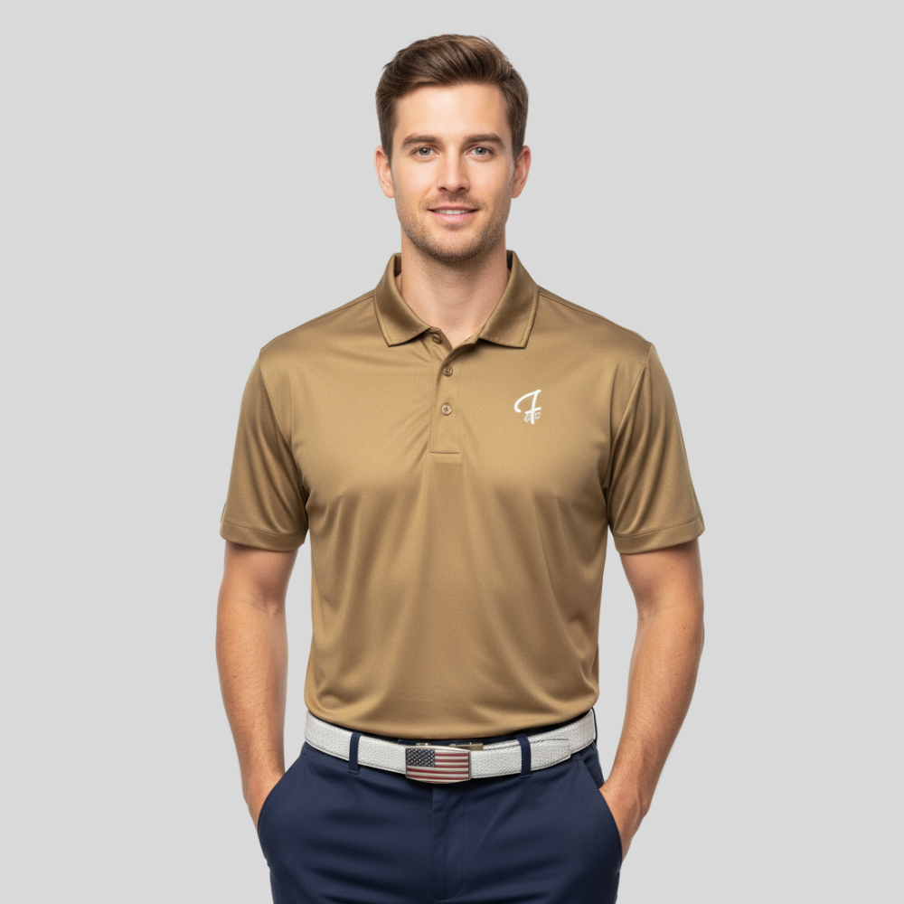 Man wearing a cigar brown polo shirt with a Green Ferret Golf logo on a gray background