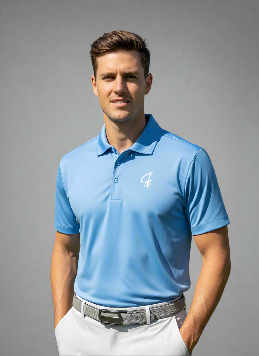 Man wearing a Carolina blue polo shirt with a Green Ferret Golf logo on a golf course
