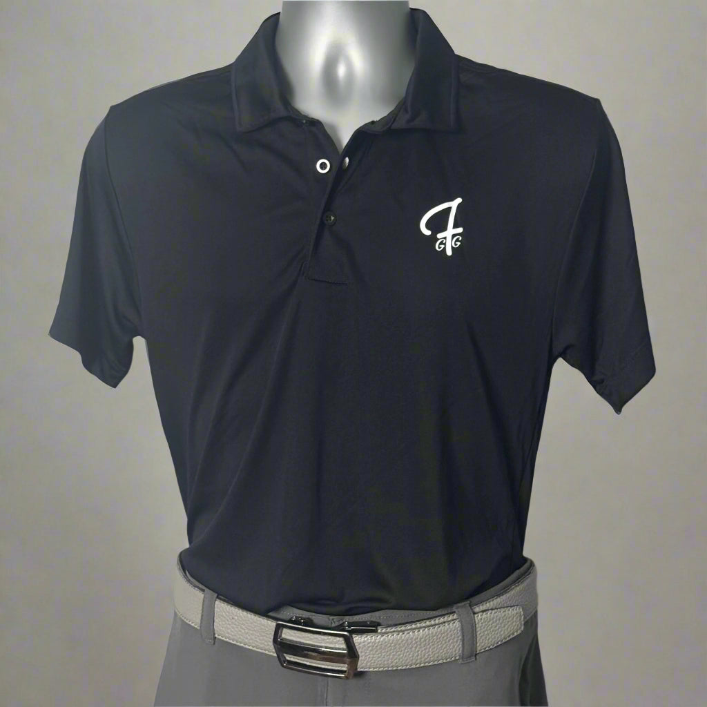 Knight black polo shirt with a Green Ferret Golf logo on a mannequin against a white background