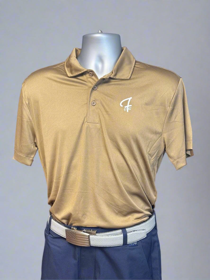 Beige polo shirt with a logo on a mannequin against a black background