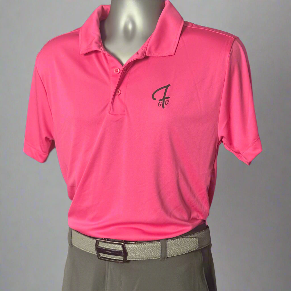 Pink polo shirt with a Green Ferret Golf logo on a mannequin against a black background