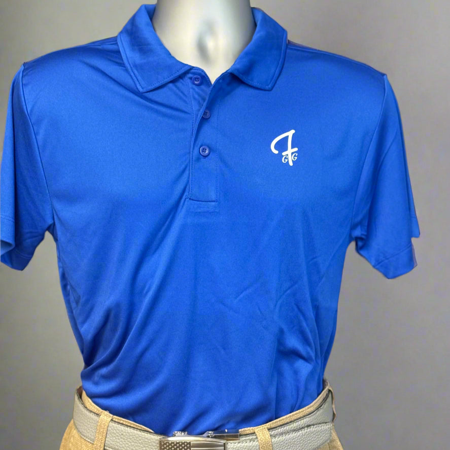 Blue polo shirt with a logo on a mannequin against a black background