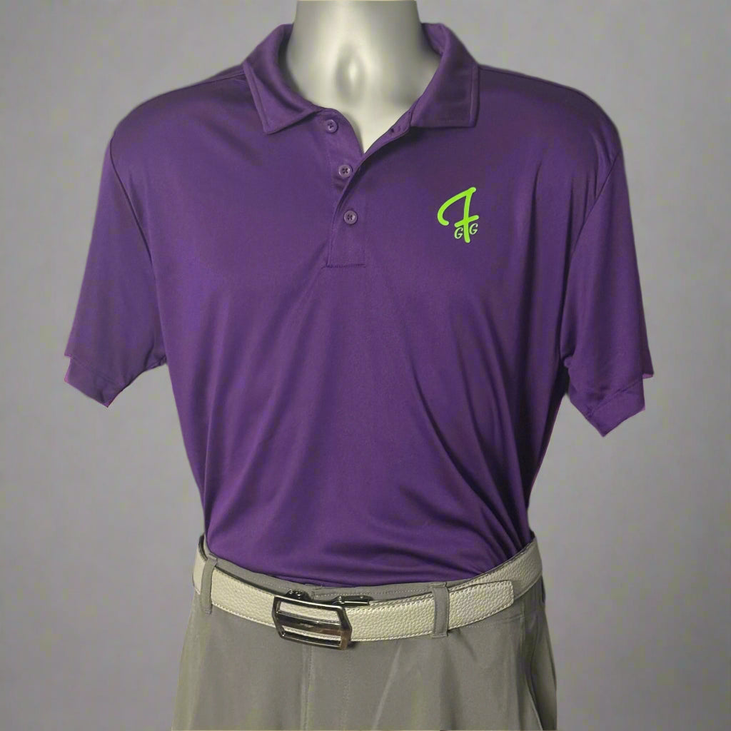 Royal purple polo shirt with a Green Ferret Golf logo on a mannequin against a black background