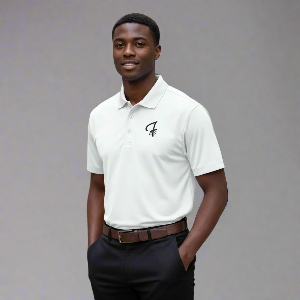 Man wearing a white polo shirt with a logo in an urban setting