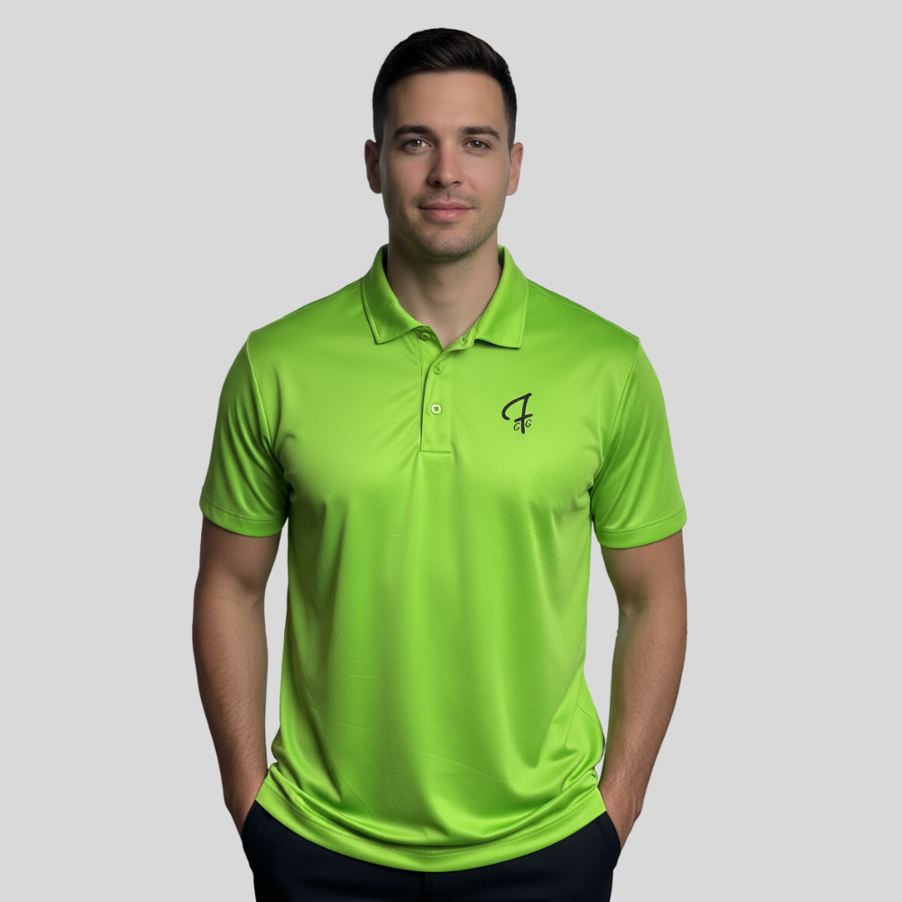 Man wearing a bright lime green polo shirt with a Green Ferret Golf logo on a gray background