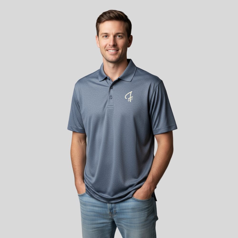 Man wearing a heather navy polo shirt with a Green Ferret Golf logo on a gray background