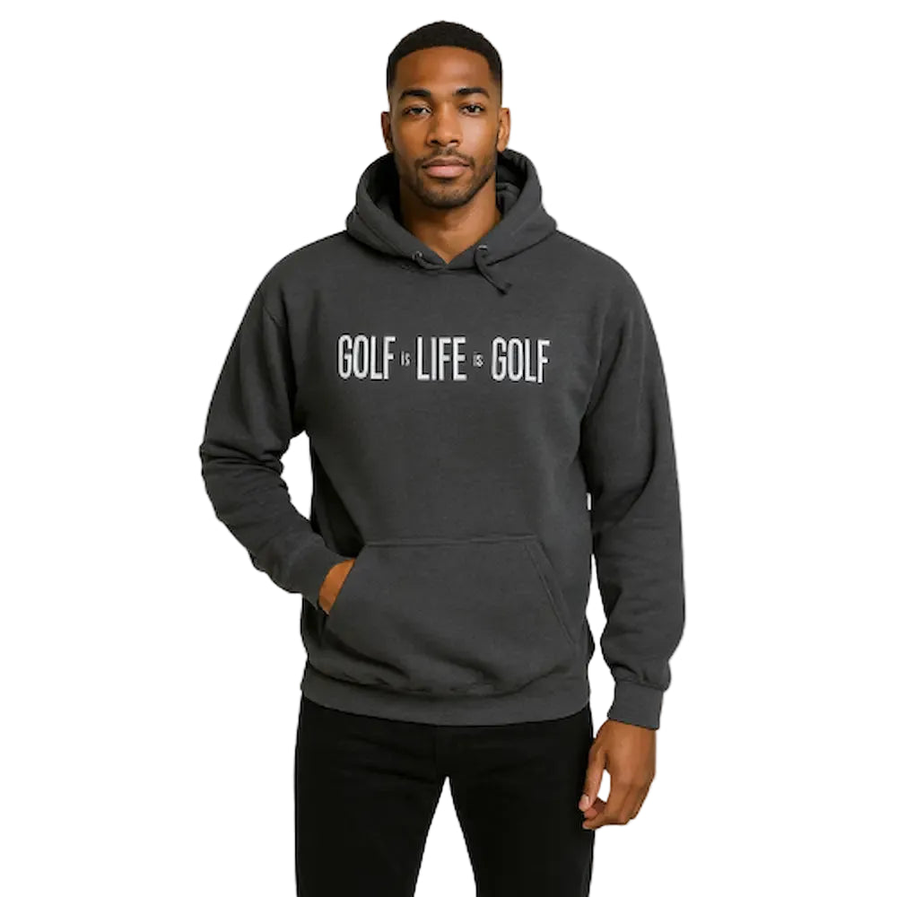 model wearing a 'golf is life is golf' ultrasoft hoodie from green ferret golf.