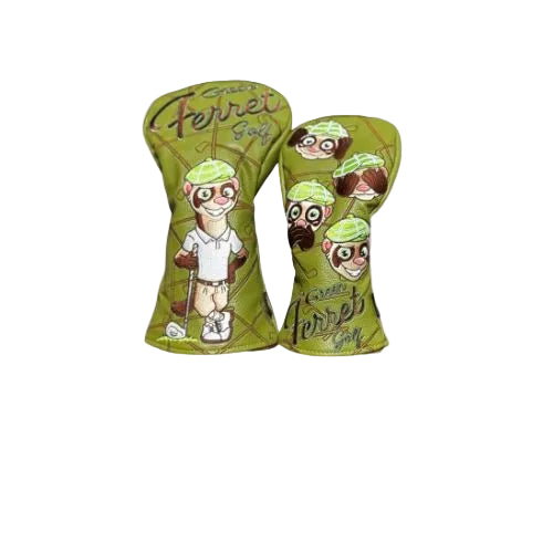 Two green golf club head covers with cartoon ferrets on a white background